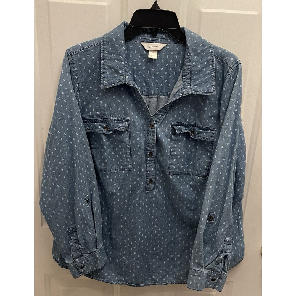 CJ Banks Popover Denim‎ Chambray Blouse Top Womens 1X Collared Anchor Nautical - Picture 2 of 8